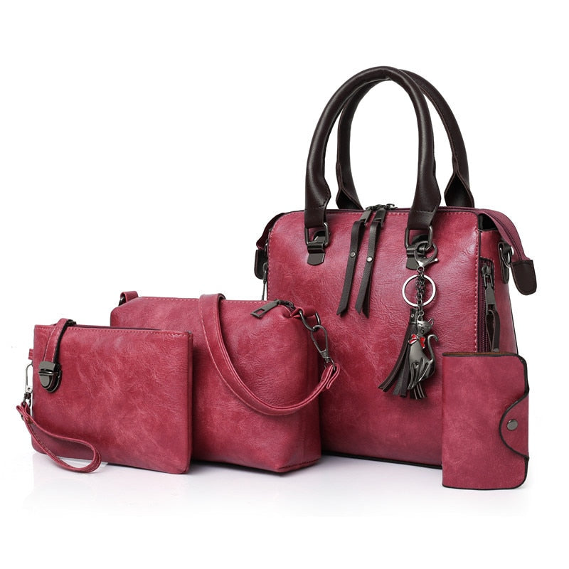 Fashion Solid Color PU Leather Shoulder Messenger Bag Casual Crossbody Bags  Women Handbags Tote Bag 3 Sets Evening Clutch Purse